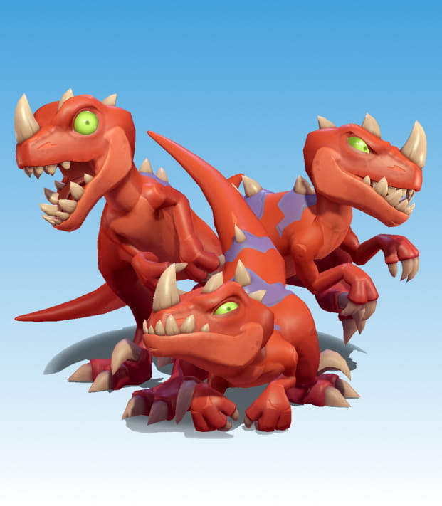 Three red raptors with lilac details and green eyes.