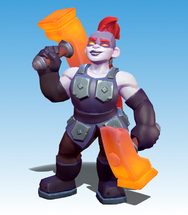 A person with red hair, grey skin, and lava-like eyes, wearing armor and holding one orange hammer in each hand.