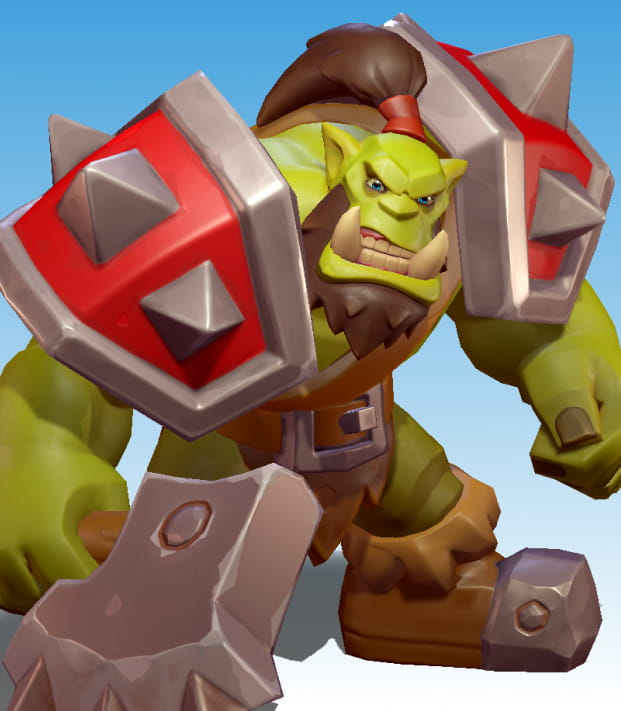 A big green male goblin with brown hair and beard, wearing armor, and holding an axe.