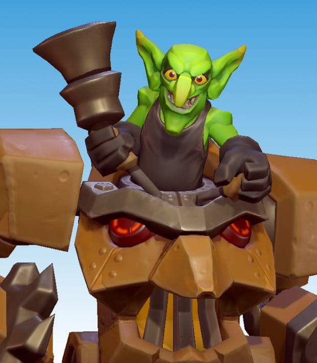 A goblin with green skin wearing a mecha suit.