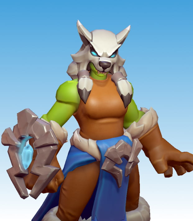 A female goblin with green skin wearing a wolf headpiece and a magic weapon on one of her hands.