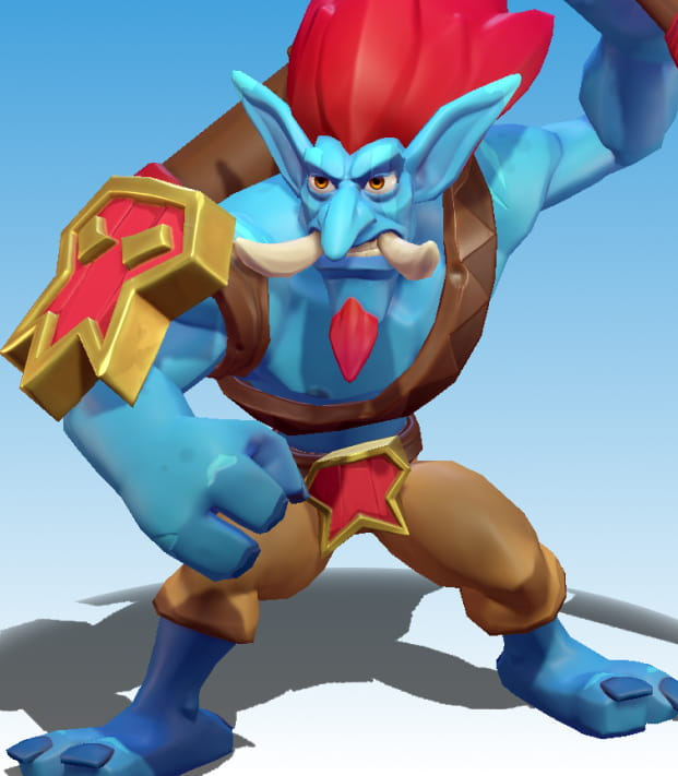 A male goblin with red hair, blue skin, wearing armor and holding a wooden spear.