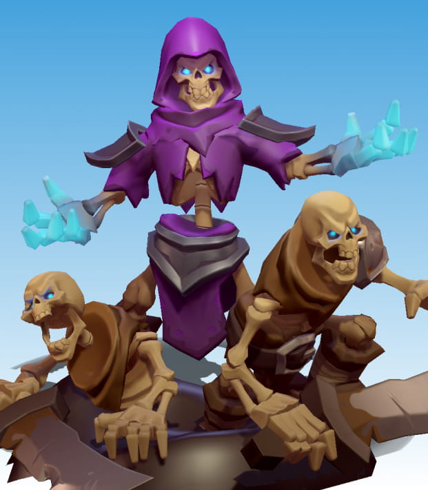 One skeleton wearing a purple mage robe rising two other skeletons from the ground.