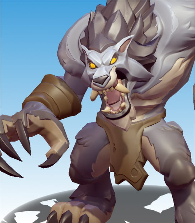 A werewolf-like creature with yellow eyes, grey fur, and huge claws.