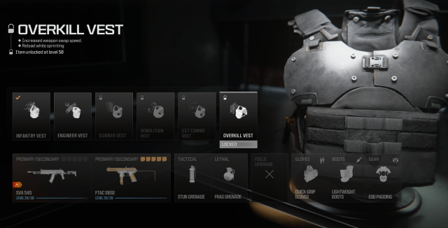 The Overkill Vest and its effects displayed in the loadout menu of Modern Warfare 3.