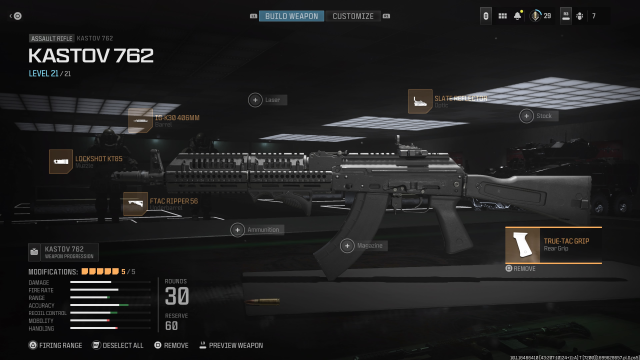 A screenshot of the best Kastov 762 loadout in MW3.