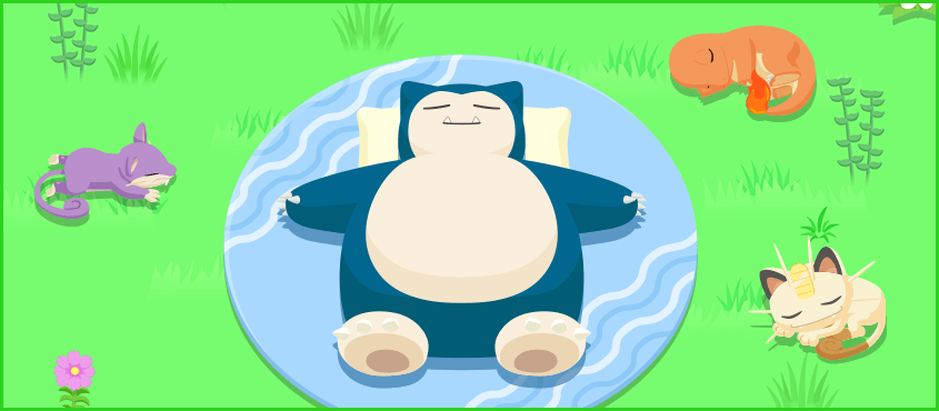 Snorlax surronded by a sleeping Ratata, Meow, and Charmander.