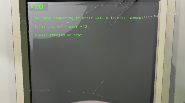 A monitor in Lethal Company showing green text that says the player needs a walkie-talkie.