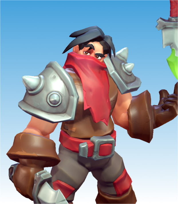 A black haired bandit with a red cloth covering his face. He is wearig armor, leather gloves, read belt, and is one dagger in each hand.