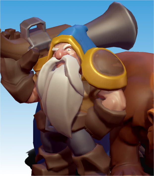 A dwarf with long grey beard, blue hat, shoulder armor, and a shotgun.