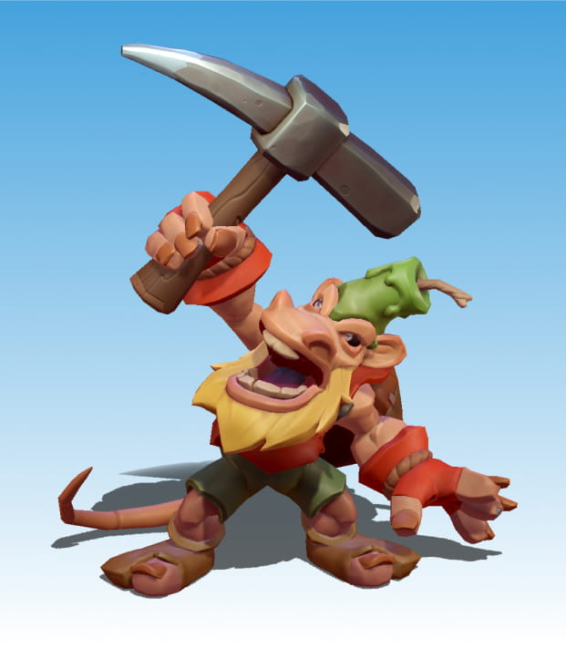 A goblin-like figure with a green candle on its head and a rat tail, holding a pickaxe.