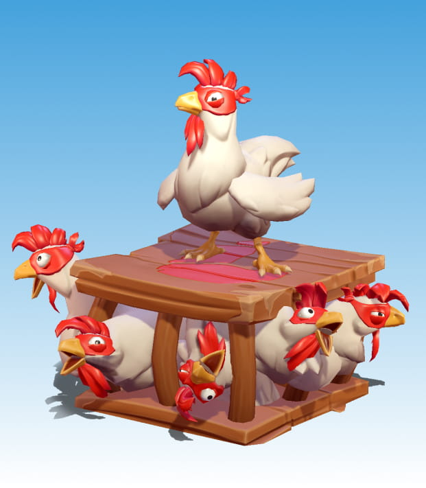 A wooden cgae full of chickens and one chicken stading on it.