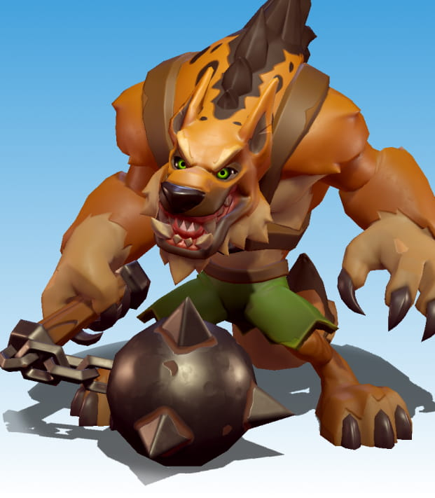 A gnoll wearing green shorts and hilding a mace.