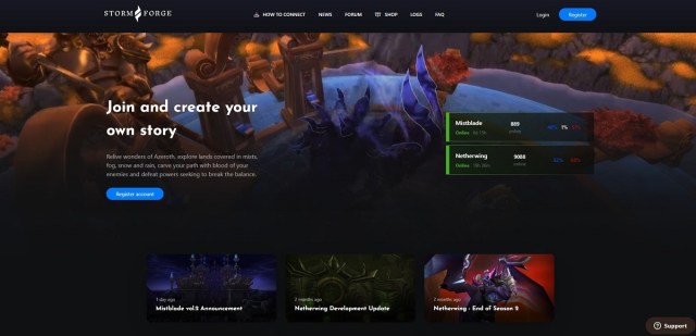 WoW Stormforge private server homepage with info