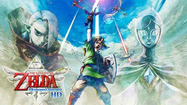 Link holding his sword high with the game's logo in the bottom left