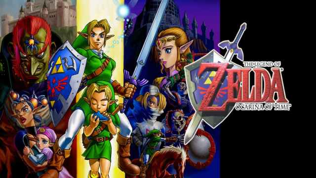 All characters from Ocarina of Time and the game's logo on the right