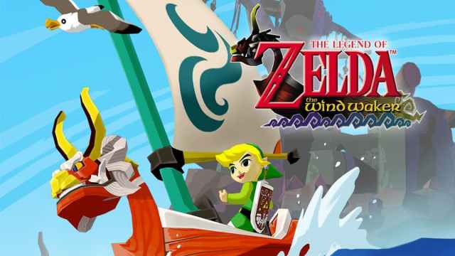 Toon Link sailing on his boar with the game's logo in the top right