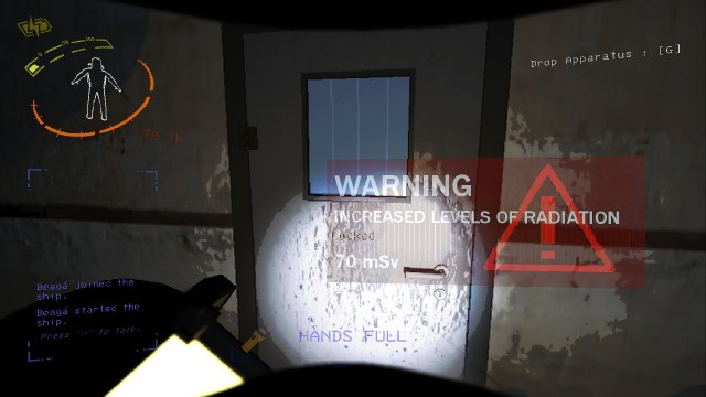 The "increased levels of radiation" warning showing up on the screen in Lethal Company inside the dungeon.