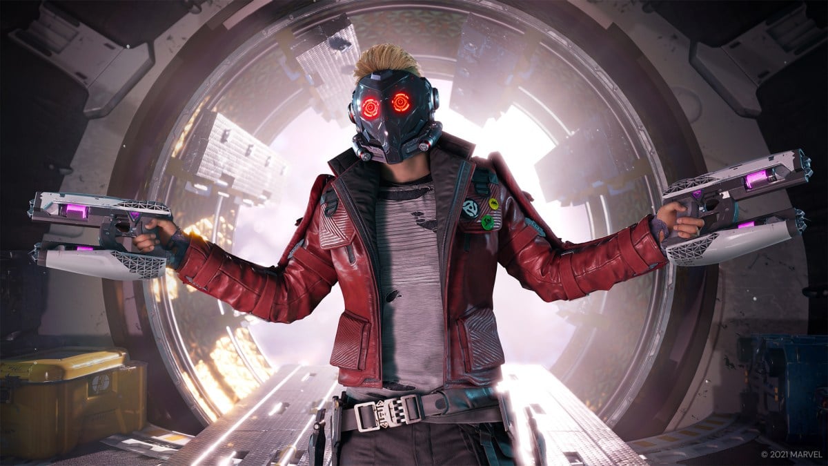 Star-Lord standing at the ship's exit holding his guns