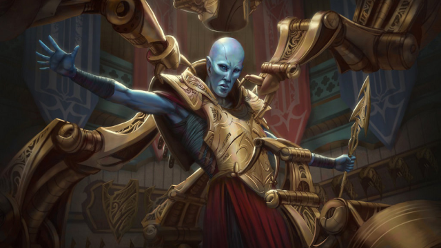 A blue-skinned Artificer stands, arms outstretched, as a spider-like mechanism on his back locks into a device behind him in MtG.