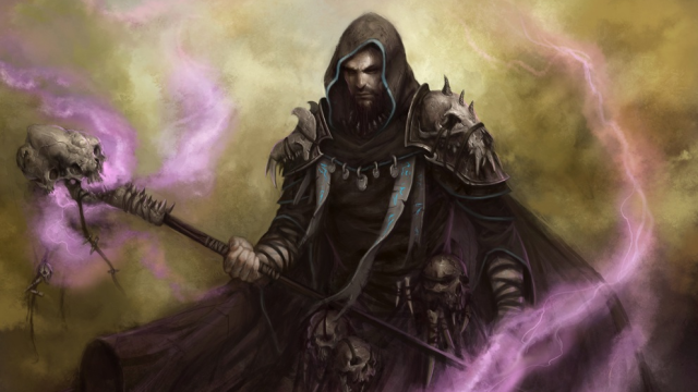 A humanoid Warlock with a glowing purple staff looks ominously at the viewer in MtG.