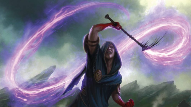 A man in a dark robe swings a whip above his head, dark energy surrounding it, in MtG.