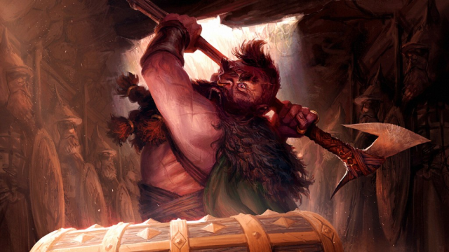 An angry, shirtless man with a pelt cape raises his greataxe to break open a chest in a cave of MtG.