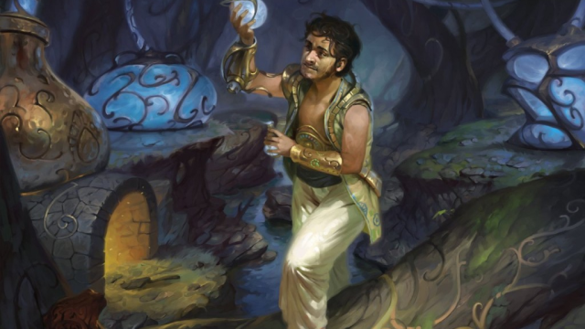 A man in a vest holds up two potions in a fantasy lab of MtG.