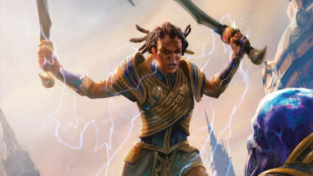 A woman in steel armor wielding two swords leaps towards a blue-skinned person in MtG.