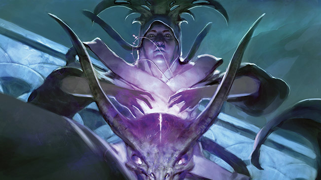 A Sorcerer with extravagant robes channels dark energy into a large, horned skull in MtG.