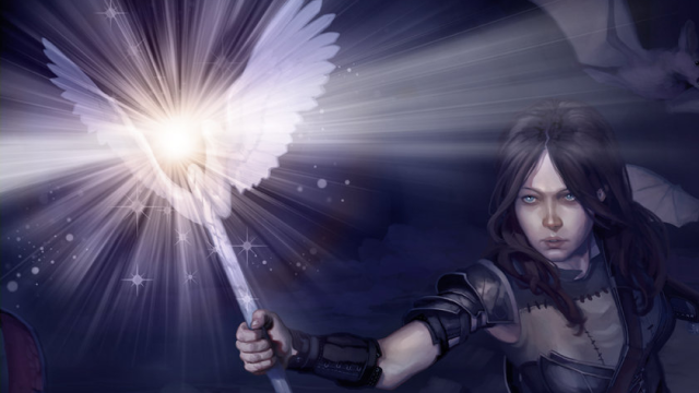 A woman holds up a staff with wings on it, a blinding light emanating from the top, in MtG.