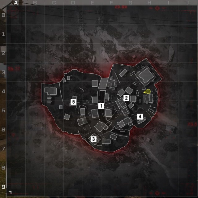 An overhead shot of Rundown in Modern Warfare 3 with the five hardpoints marked in order.