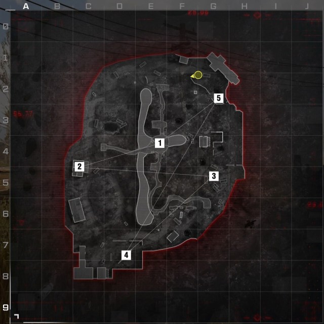 An overhead shot of Wasteland in Modern Warfare 3 with the five hardpoints marked in order.