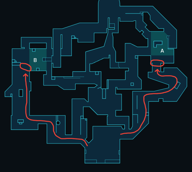 Two pathways for getting from attacker spawn to A and B site on Pearl, on of VALORANT's maps.