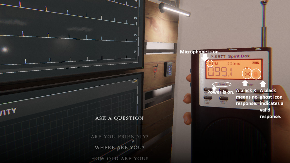 A Tier II Spirit Box in Phasmophobia with all of its functions marked.