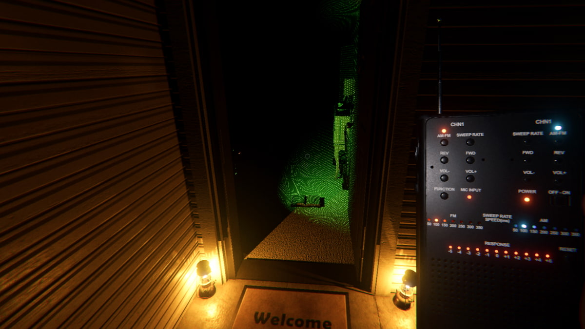 A player holding a Spirit Box while standing outside of the front door of a house in Phasmophobia.