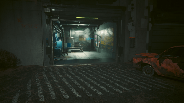 The garage containing Rinder's Stash in Cyberpunk 2077.