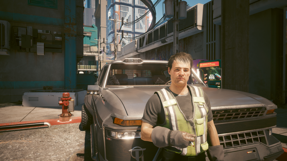 Bill Jablonsky leaning against his truck in Cyberpunk 2077.