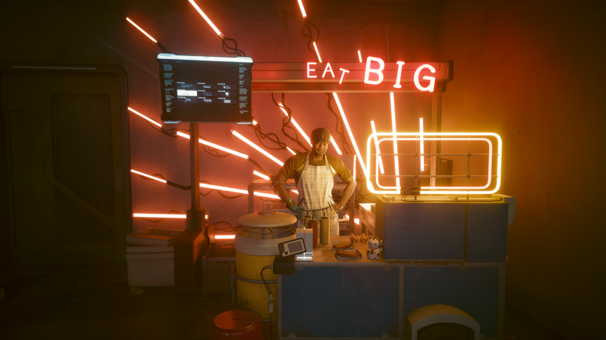Bill standing behind the counter of his hotdog stand in Cyberpunk 2077.