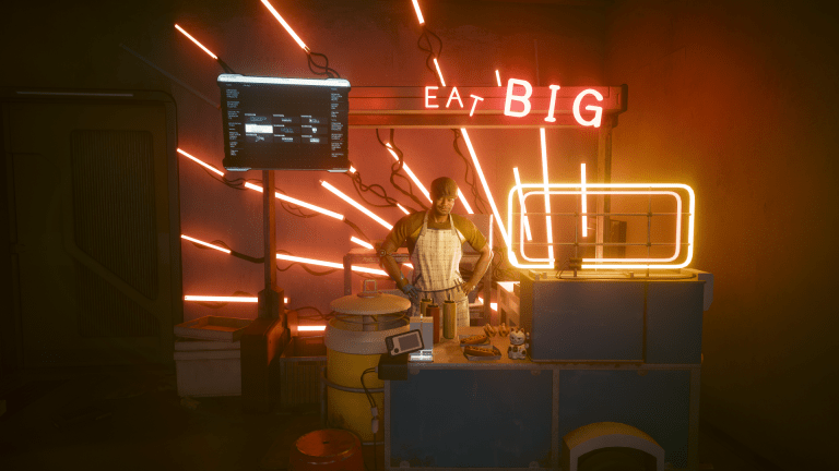 Bill standing behind the counter of his hotdog stand in Cyberpunk 2077.