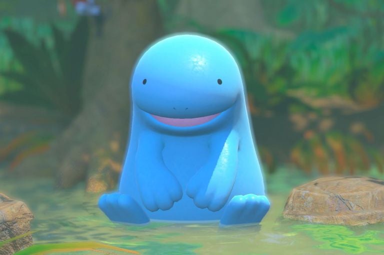 A Quagsire sitting in a swamp in New Pokémon Snap.