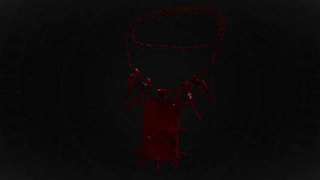 A dark-red amulet in Remnant 2 sits on a black background.