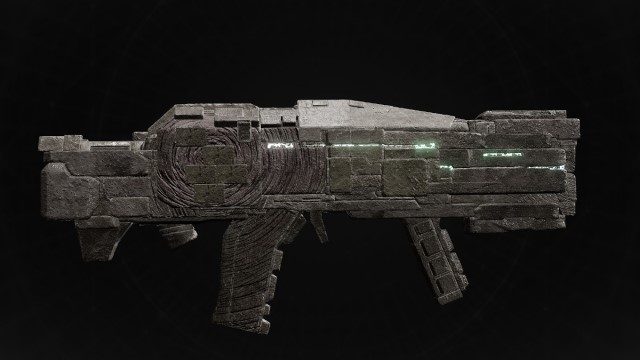 The Enigma SMG, a highly futuristic and blocky weapon, sits on a black background in Remnant 2.