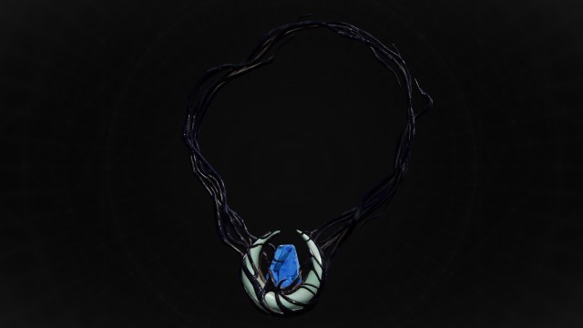 A circular blue stone on a chain sits on a black background in Remnant 2.