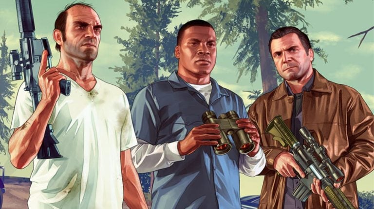 michael, franklin, and trevor in gta 5 promo art