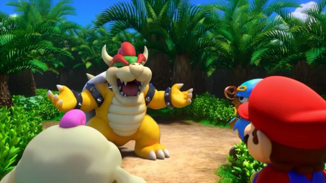 bowser laughing with party in super mario rpg remake