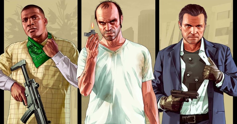 Promotional artwork of Trevor Philips, Michael De Santa and Franklin Clinton from GTA V.