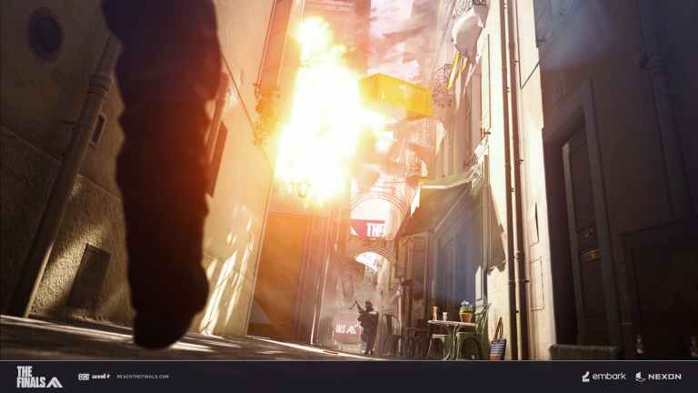 Explosion in a tight street on THE FINALS map