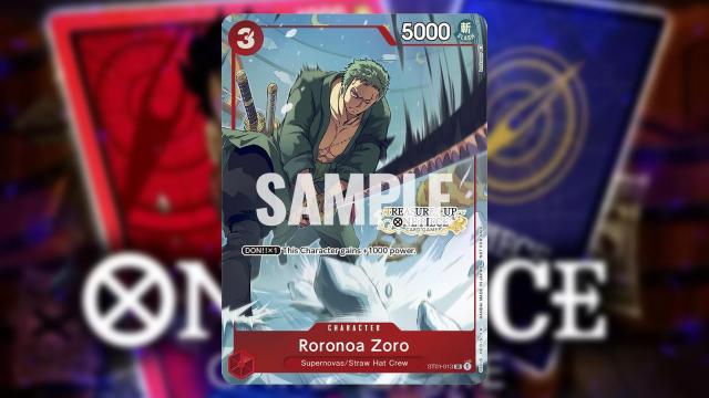 Zoro from One Piece appears on a Red Treasure Cup Character card from the Bandai card game.