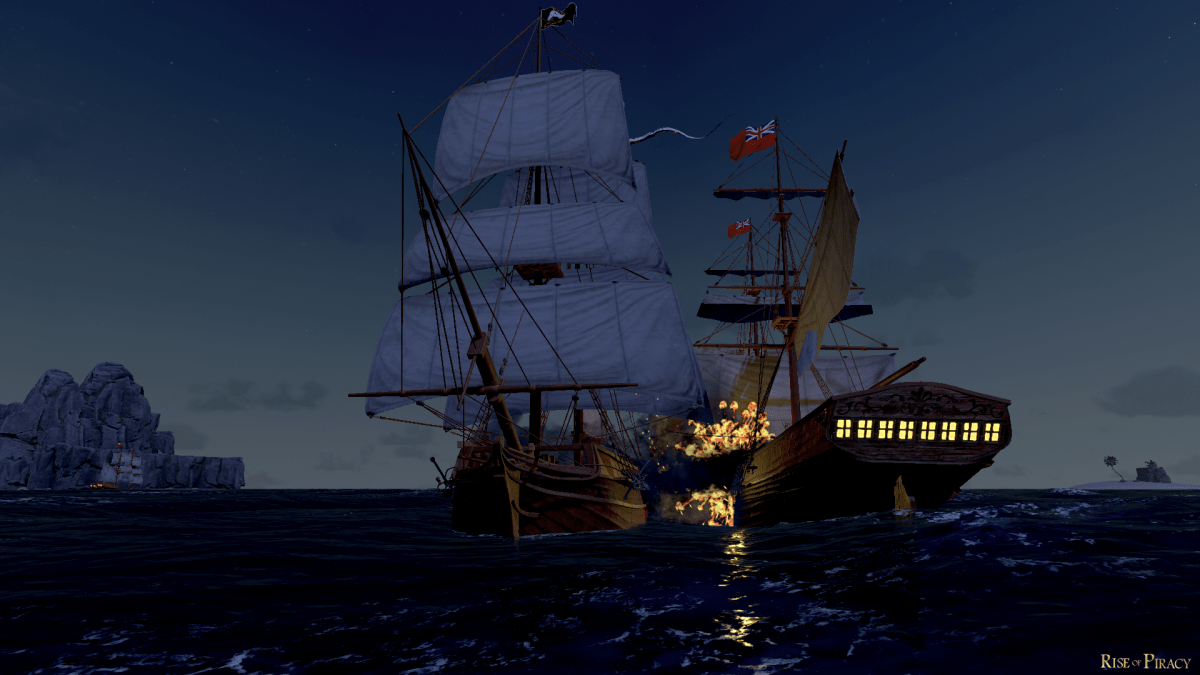 A pirate ship sails off into the night in MicroPose's new Pirate game